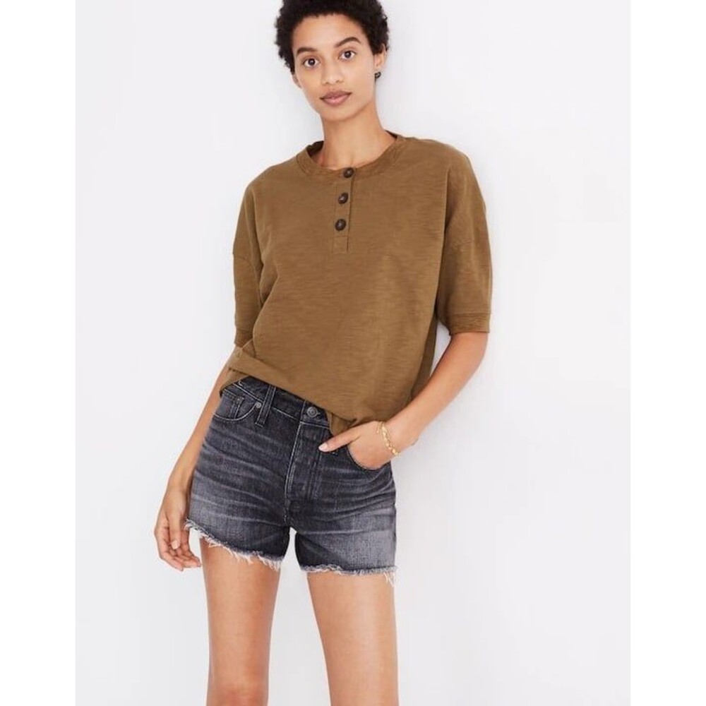 Madewell Rustic 100% Cotton Jersey Raw-Edge Henley Cropped Short Sleeve Tee M
